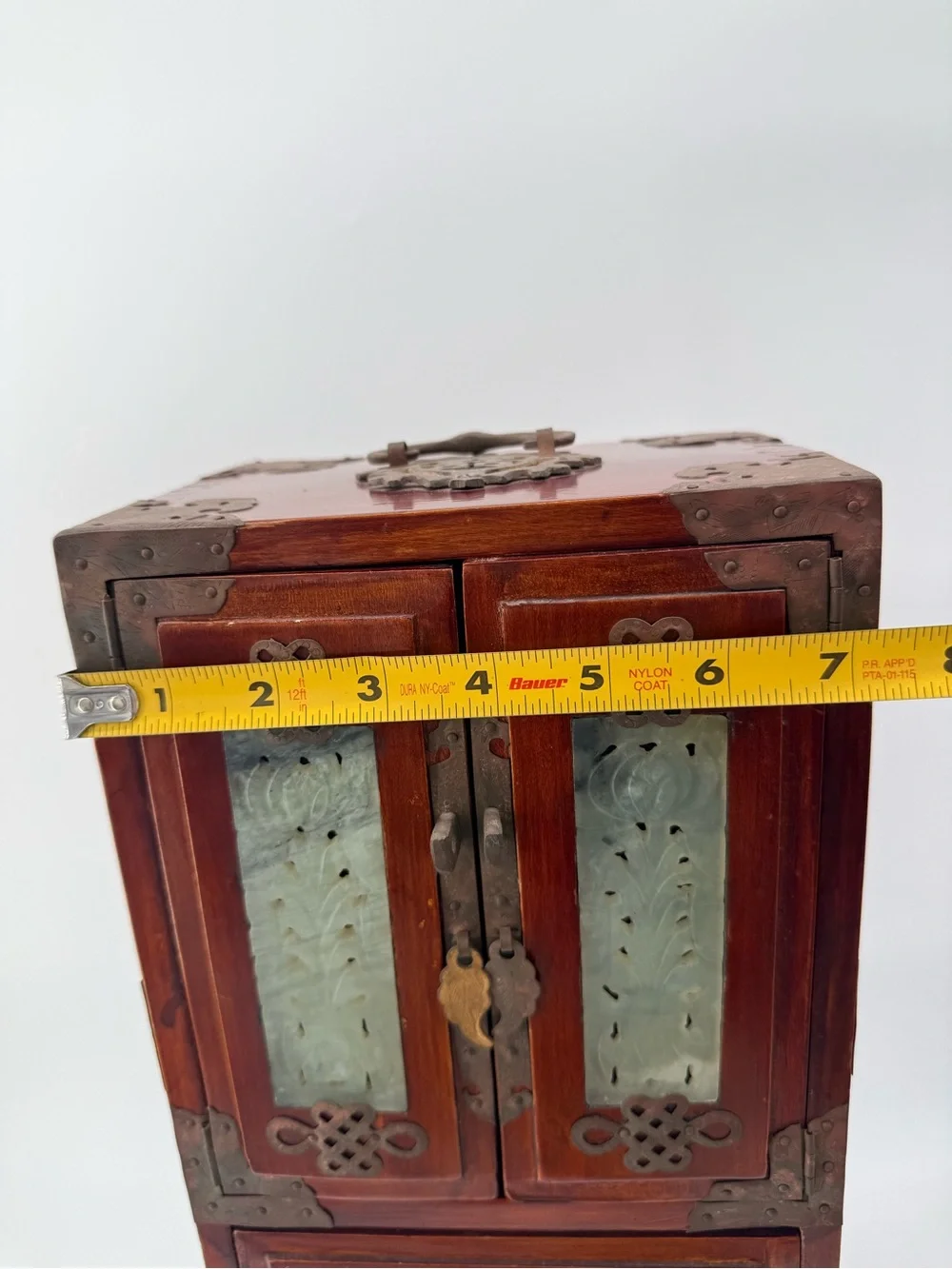 Antique-Style Red Wood Jewelry Cabinet with Jade Inlay - Unbranded